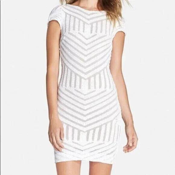 NWT Dress The Population White & Nude Sequin Aztec Print Open Back Cap Sleeve S - Picture 13 of 14